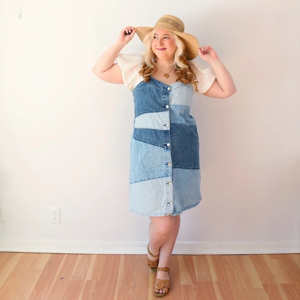 GAP Patchwork Denim Mini Dress Blue Button Front Sleeveless Pinafore L - Picture 1 of 7